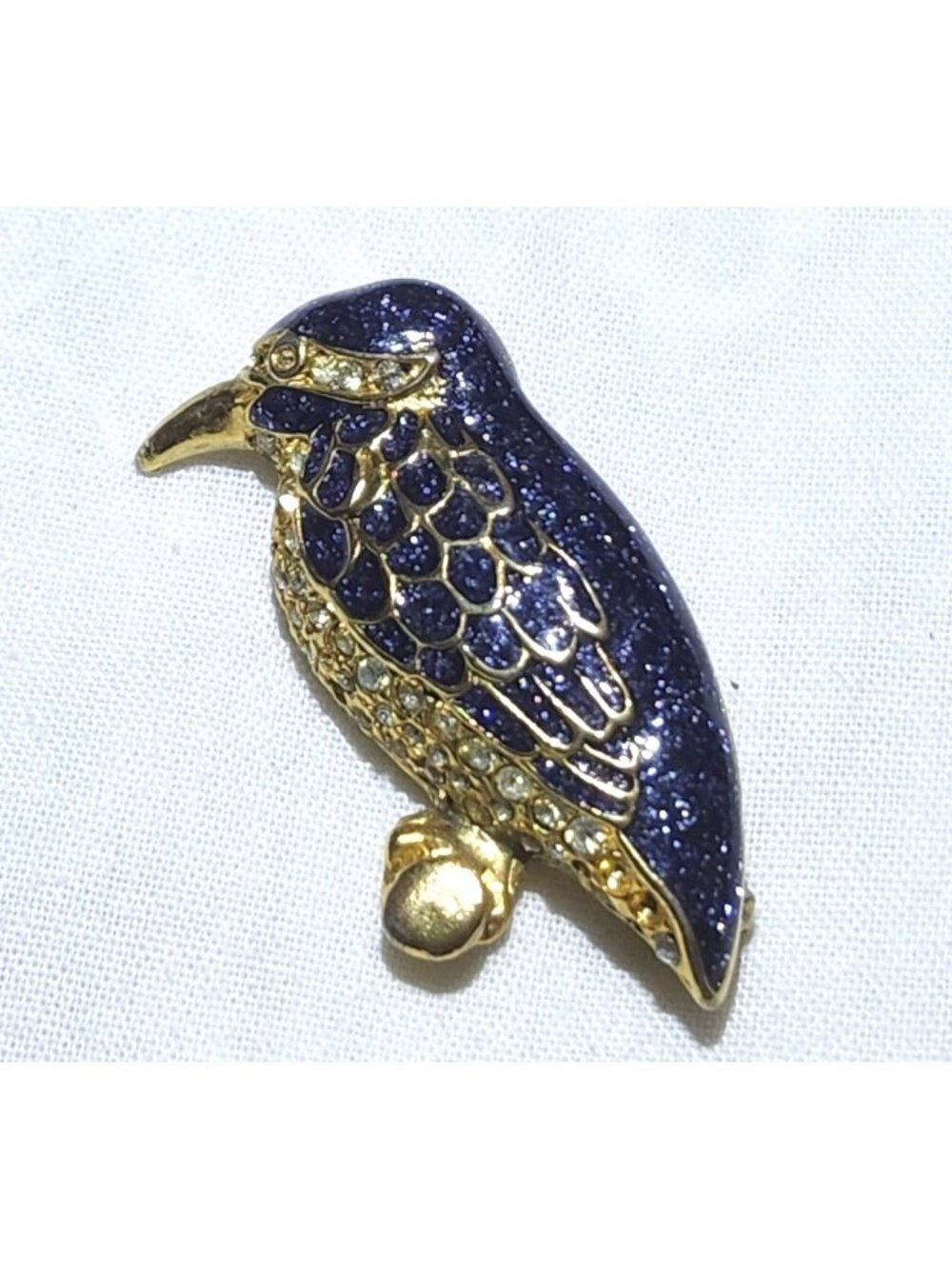 Vintage Gold Tone Bird Brooch Blue Enamel & Rhinestones Pinback